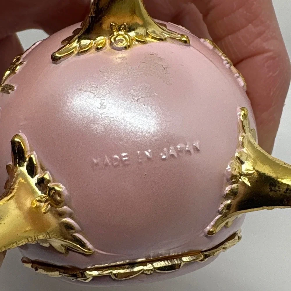 Ornate Pink Egg Picture Frame Trinket Box Goldtone Ornate Rococo Music Box Japan